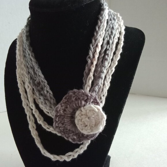 Crochet Statement Necklace with Ombre Flower Accent Boho Yarn Jewelry - Picture 3 of 6